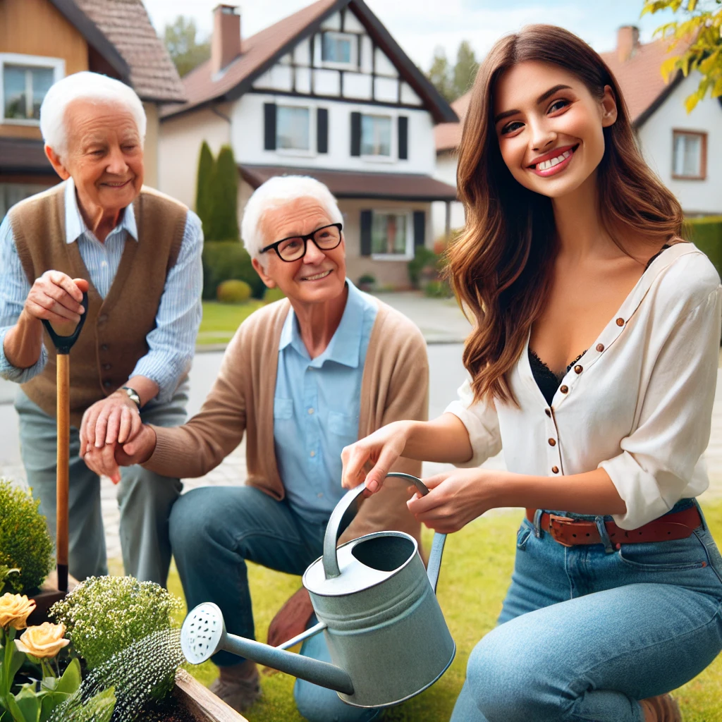 A touching scene of an adult woman, around 25 years old, helping her neighbors. The woman, dressed casually in a light blouse and jeans, is smiling as she helps an elderly couple in their garden. She is holding a small watering can and watering flowers, while the elderly couple looks on appreciatively. One neighbor holds a gardening tool, and the other points towards a flower bed. The neighborhood is cozy with charming houses, and the scene takes place on a bright, sunny day with clear skies.